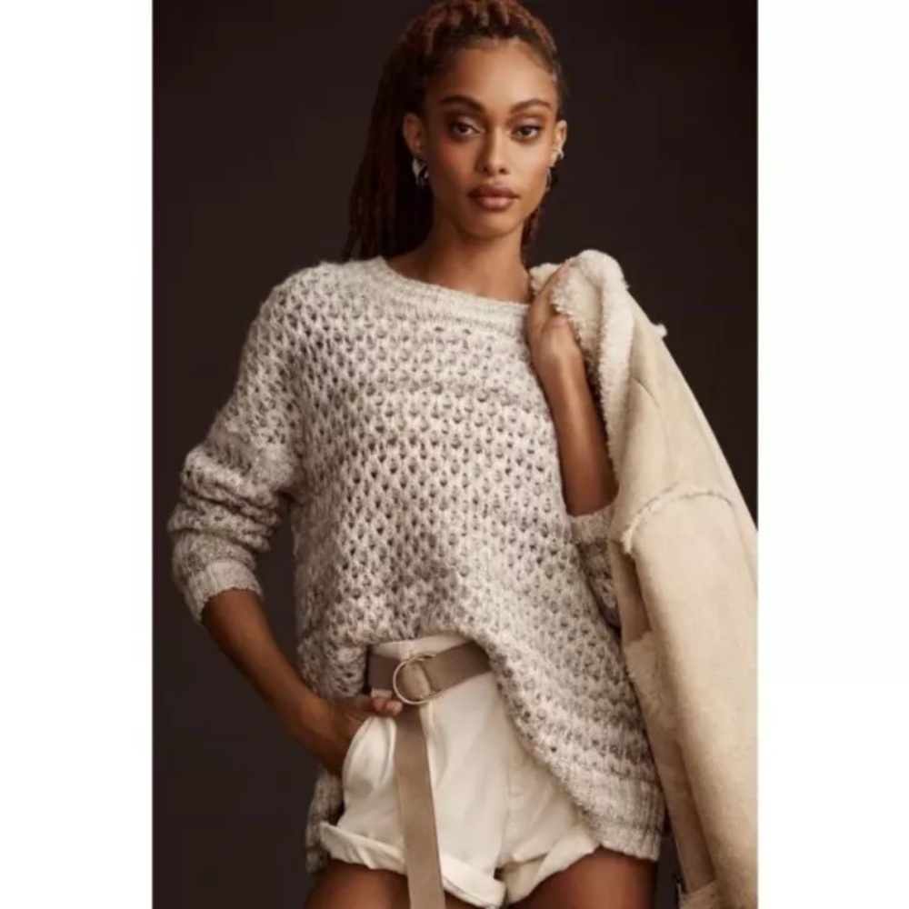 By Anthropologie Oversized Mesh Stitch Pullover Sweater Cotton Blend Size S - Picture 3 of 13